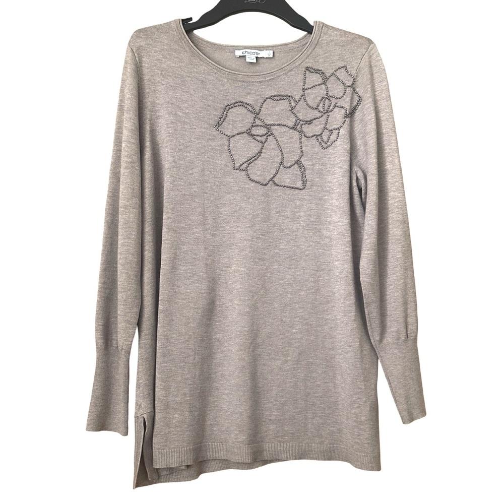 Chico’s Size 1 (M 8-10) Tunic Sweater Beige Taupe Embellished Floral Long Sleeve